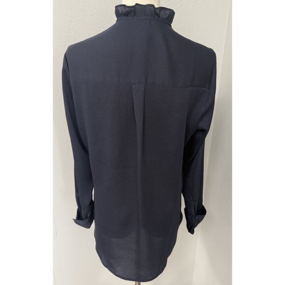 Express Women's Navy Blue Blouse Size Medium Slim Button-Up, cuff Sleeve,V Neck - Picture 2 of 6